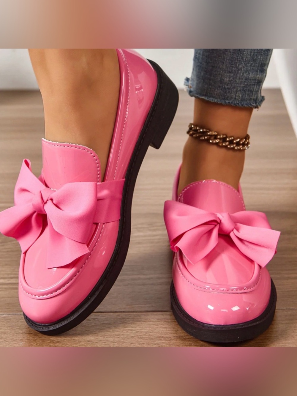 Patent Pink Bow Loafers for Women - Chic Slip-On Flats